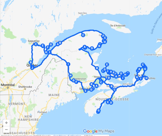 carte itinéraire road trip est canadien québec gaspésie nouveau brunswick ile du prince édouard nouvelle écosse canada voyage