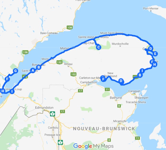 carte Itinéraire road trip gaspésie québec canada