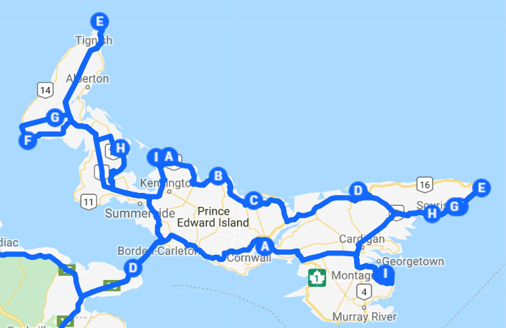 carte itinéraire road trip ile du prince édouard est canadien